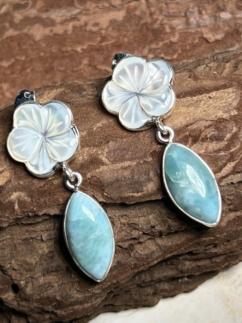 Larimar and Mother of Pearl Drop Earrings, 925 Sterling Silver